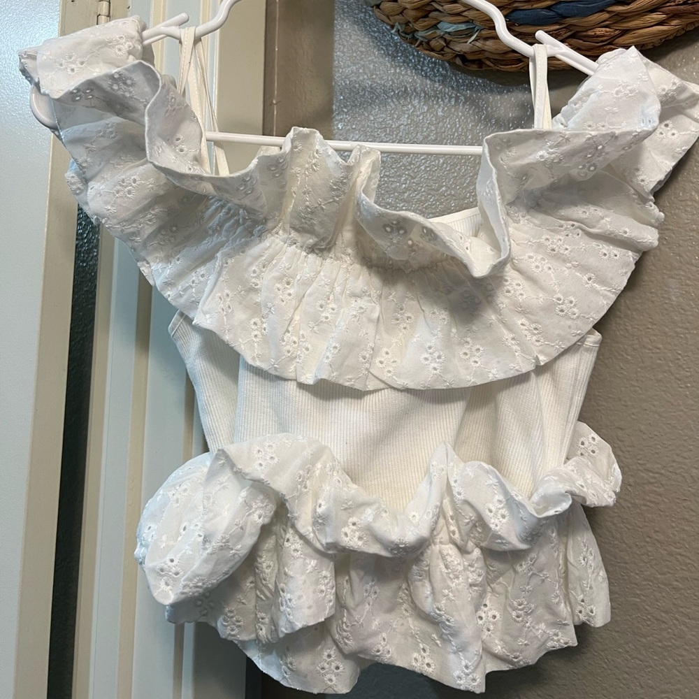 Zara Ivory Eyelet Ruffles Blouse